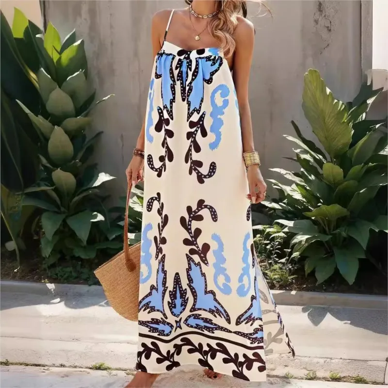 

Summer Sexy Backless Leace-up Long Dresses 2025 New Sexy Sleeveless Spaghetti Strape Hem Split Boho Print Beach Party Dress robe