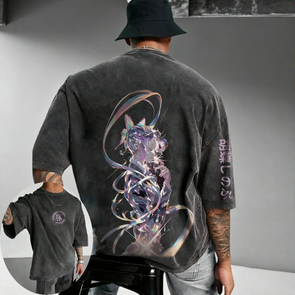 Demon Slayer Herren- und Damen-T-Shirt im Used-Look, Shinobu Kocho, Sommer und Frühling, neues Anime-Trend-T-Shirt, Retro-Distressed-Shortsleeve