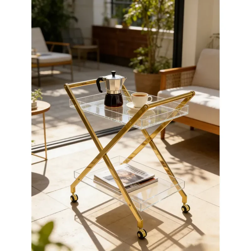 Modern Two Tier Acrylic Storage Cart Gold Frame Mobile Service Trolley 4 Wheels Hotel Utility Caddy for Salon Beauty Room