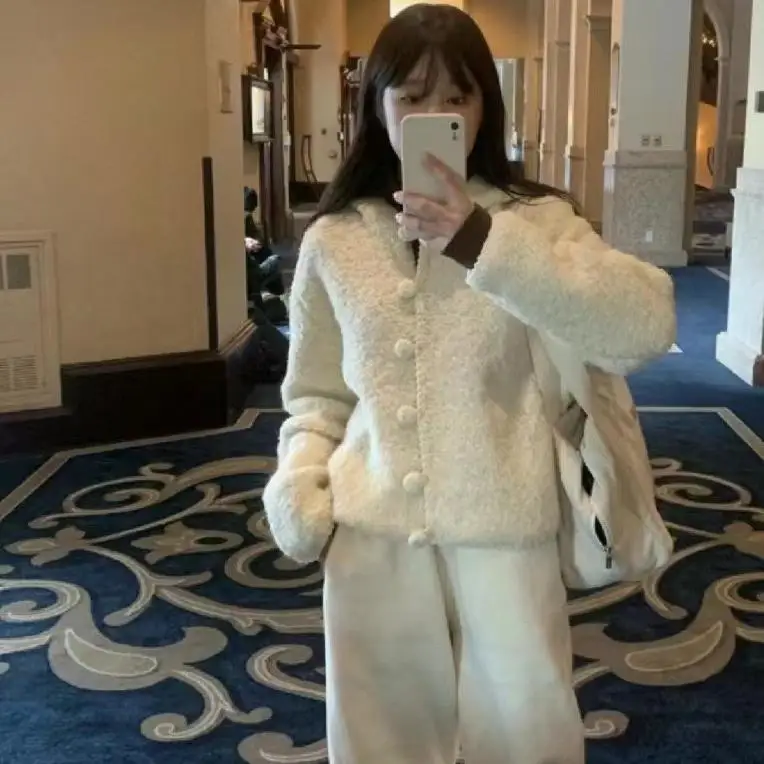 

Howus 2024 New Pure Color Woolen Casual Loose Hooded Knitted Cardigan Sweater Outerwear Women's Faion Autumn Season