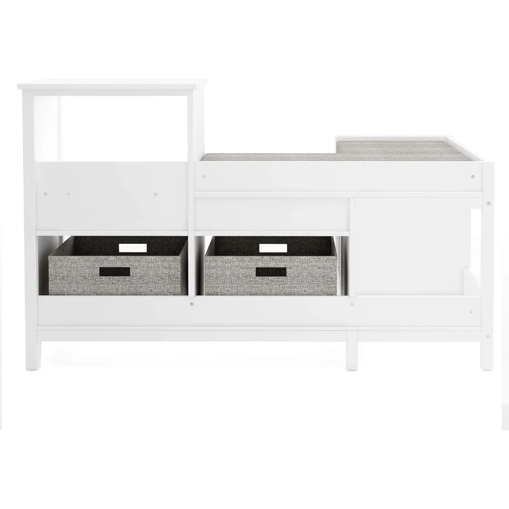 Angolo angolare per bambini - Lino bianco: panca portaoggetti in legno, organizer per libreria con cuscino del sedile e contenitori in tessuto