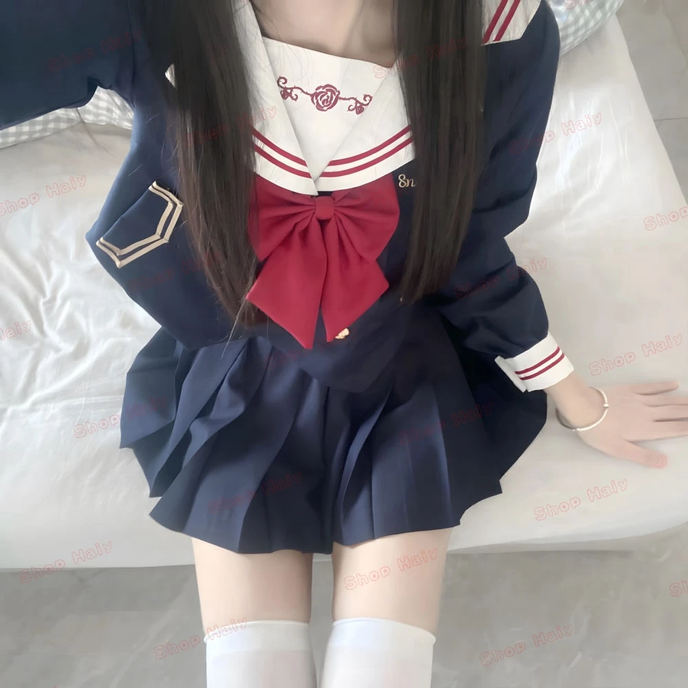 女の子のための日本の制服,jkセーラースーツ,セクシーなプリーツスカート,女性のためのアニメのコスプレ衣装,白いハートのストリーマー,学生会