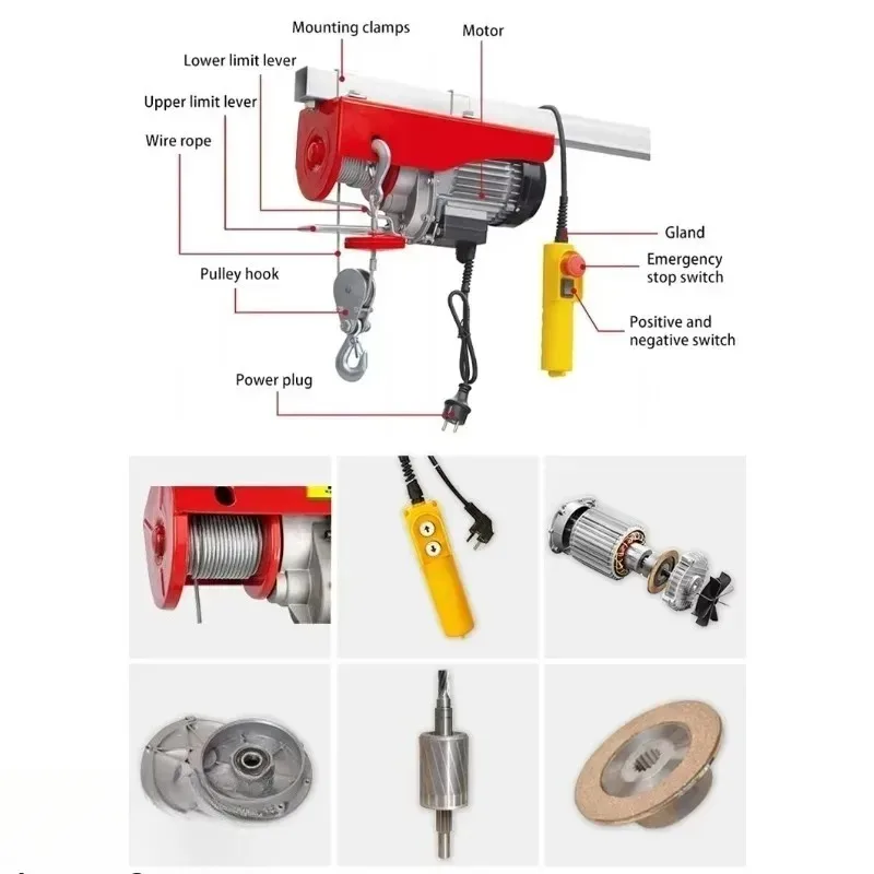 Polipasto eléctrico con cable de alta resistencia, 600Kg, 1T, 3M, 6M, 12M de altura de elevación para máquina de grúa pequeña de construcción casera