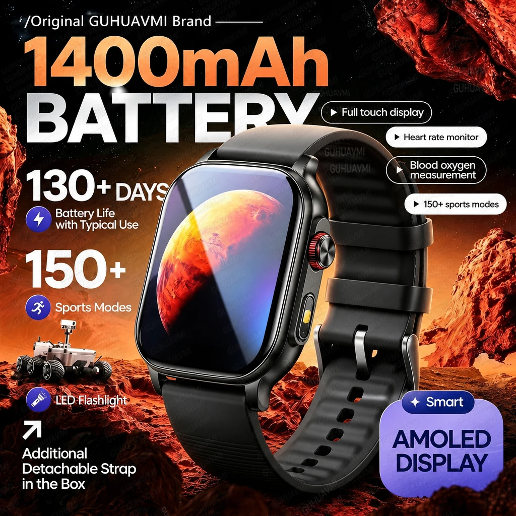 Nouvelle montre connectée 2026, batterie 1400 mAh, autonomie de 130+ jours, écran AMOLED, lampe de poche, montres de fitness, bracelet étanche 50 mètres, pour femmes
