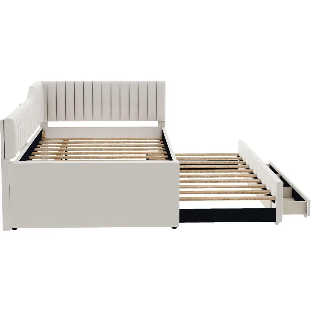 سرير نهاري منجد بالكامل من SOFTSEA مع دولاب وأدراج، سرير نهاري حديث على شكل حرف L مع مسند ظهر منحني معنقدة، زاوية من قماش الكتان