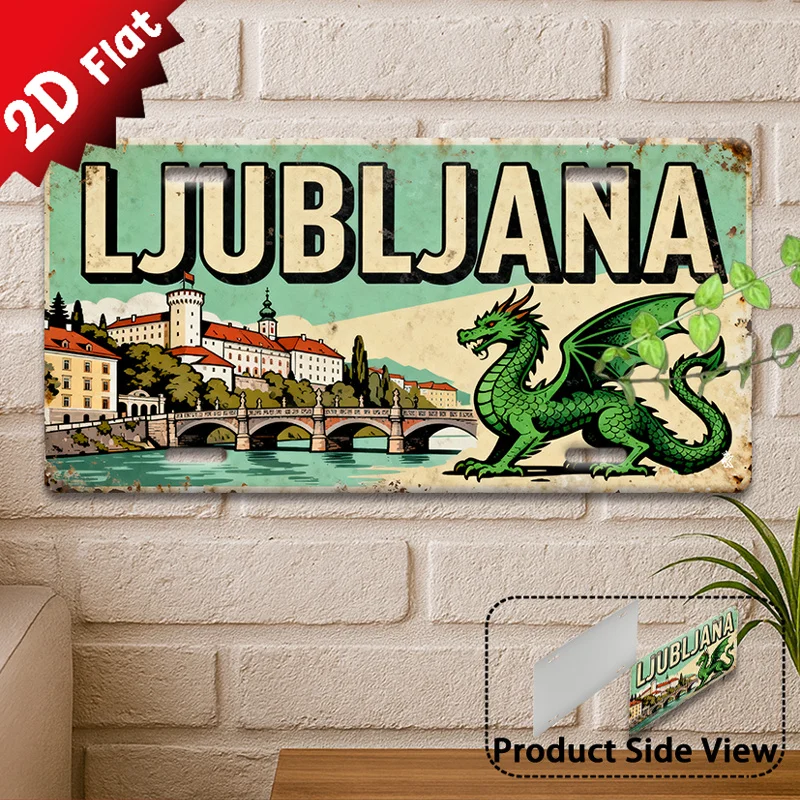 2D Flat,1pc Vintage Metal Sign, Decorative Only, Outdoor Plaque & Wall Decor, Ljubljana Dragon Bridge Landscape Aluminum Sign