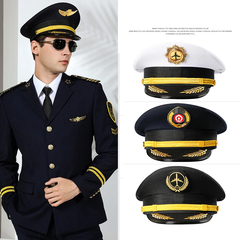 Vintage Officer Peaked Cap Classic Design Adjustable Strap for Aviation Navy Captain Security Railway Personnel Unisex Fits Most