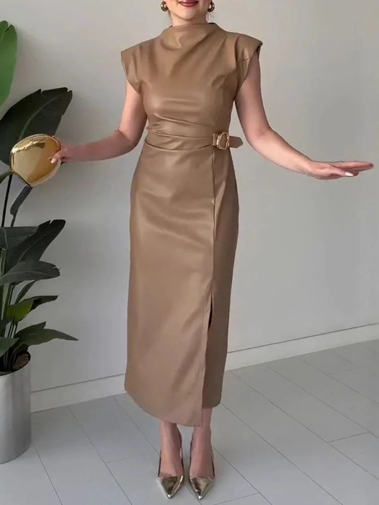 Basic casual commuting dress summer new long skirt temperament leather jacket waist cinched round neck dress