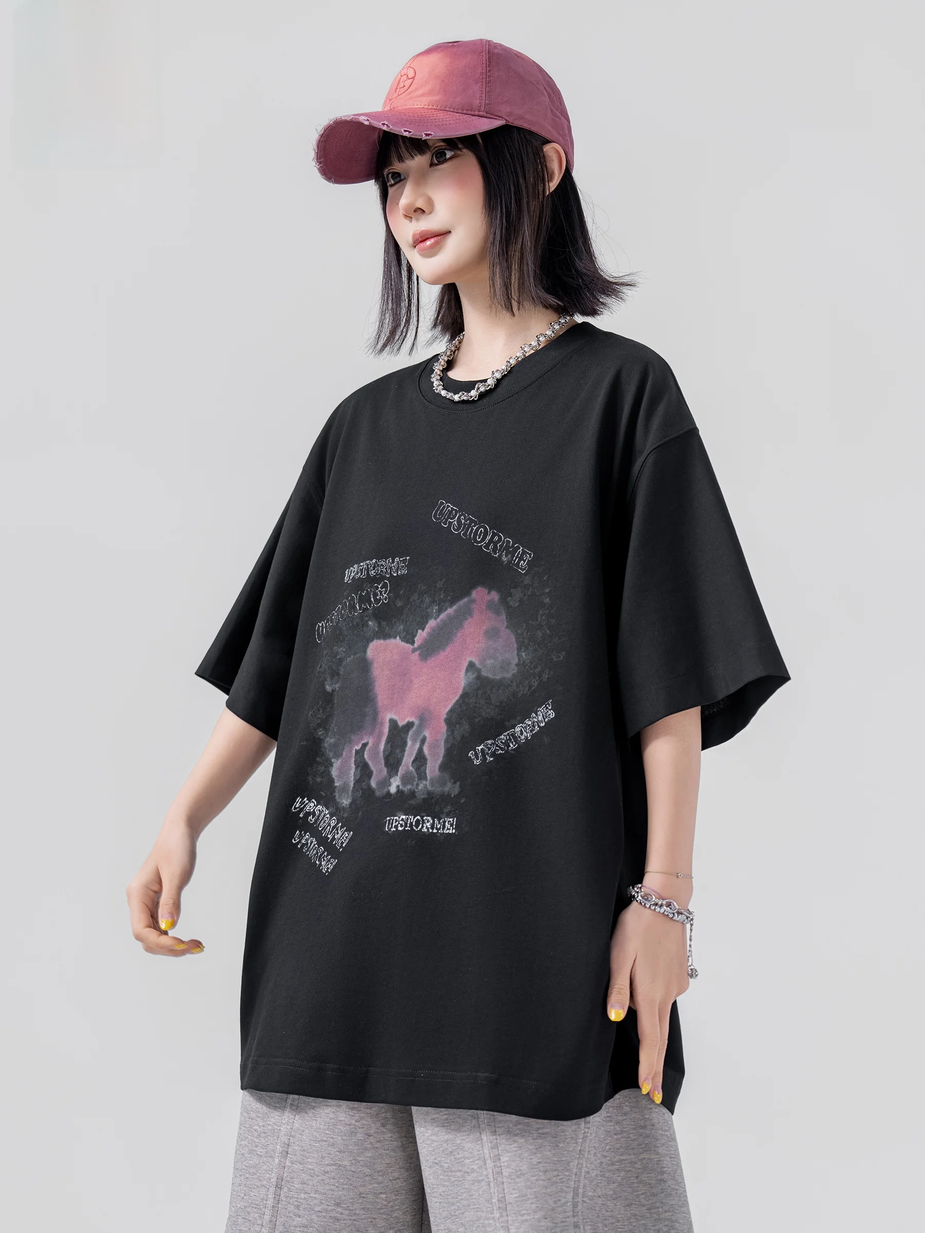 American Design Loose Shoulder Sleeve T-Shirt Short Sleeve Print Casual Top for Men And Women Summer New Style Cotton Tee