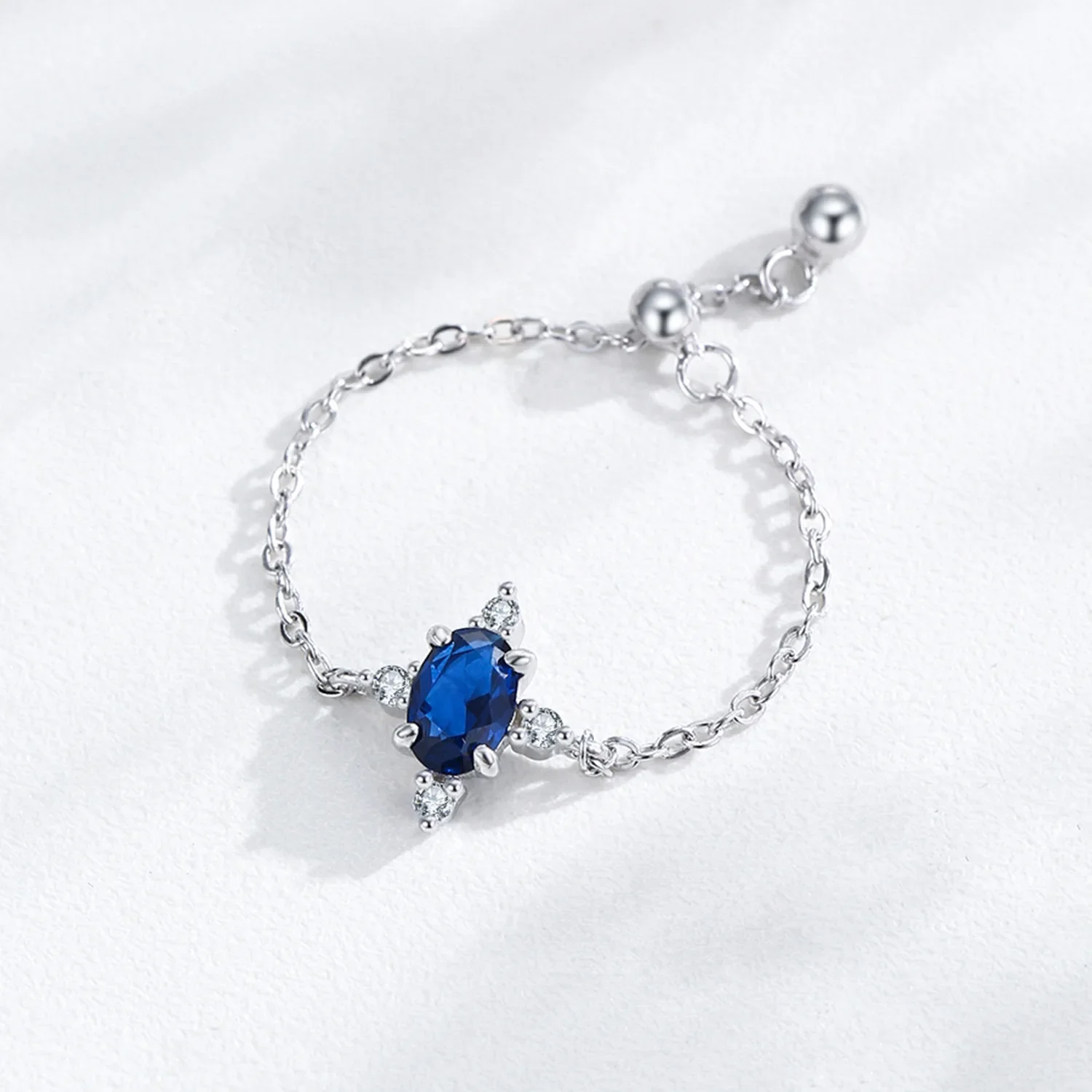 S925 pure silver blue oval pull-out chain ring with feminine temperament, retro and niche design, handmade accessory