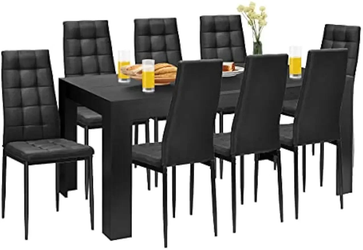 9 Pcs Dining Table Set, Wood Rectangular Table with 8 Upholstered Chairs Set, Modern Kitchen Table Set, Black Dining Room