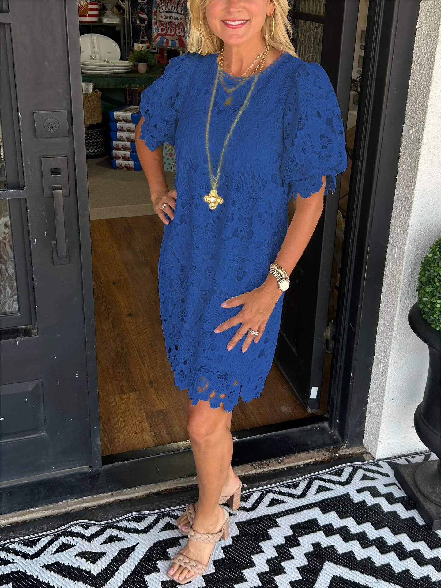 

Elegant Solid Color Lace Puff Sleeve Short Sleeve Dress Women 2025 Summer Fashion Round Neck Hollow Dress For Women