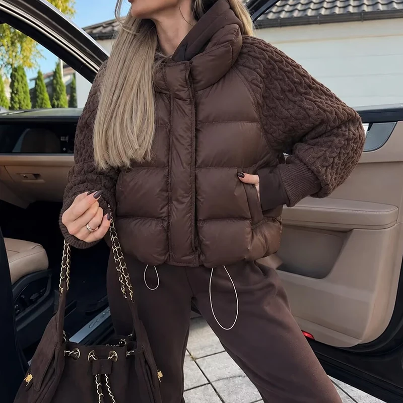 Casual Stand Collar Long Sleeved Fluffy Jacket Retro Patchwork Button Bread Outerwear Winter High Street Solid Women Down Coat