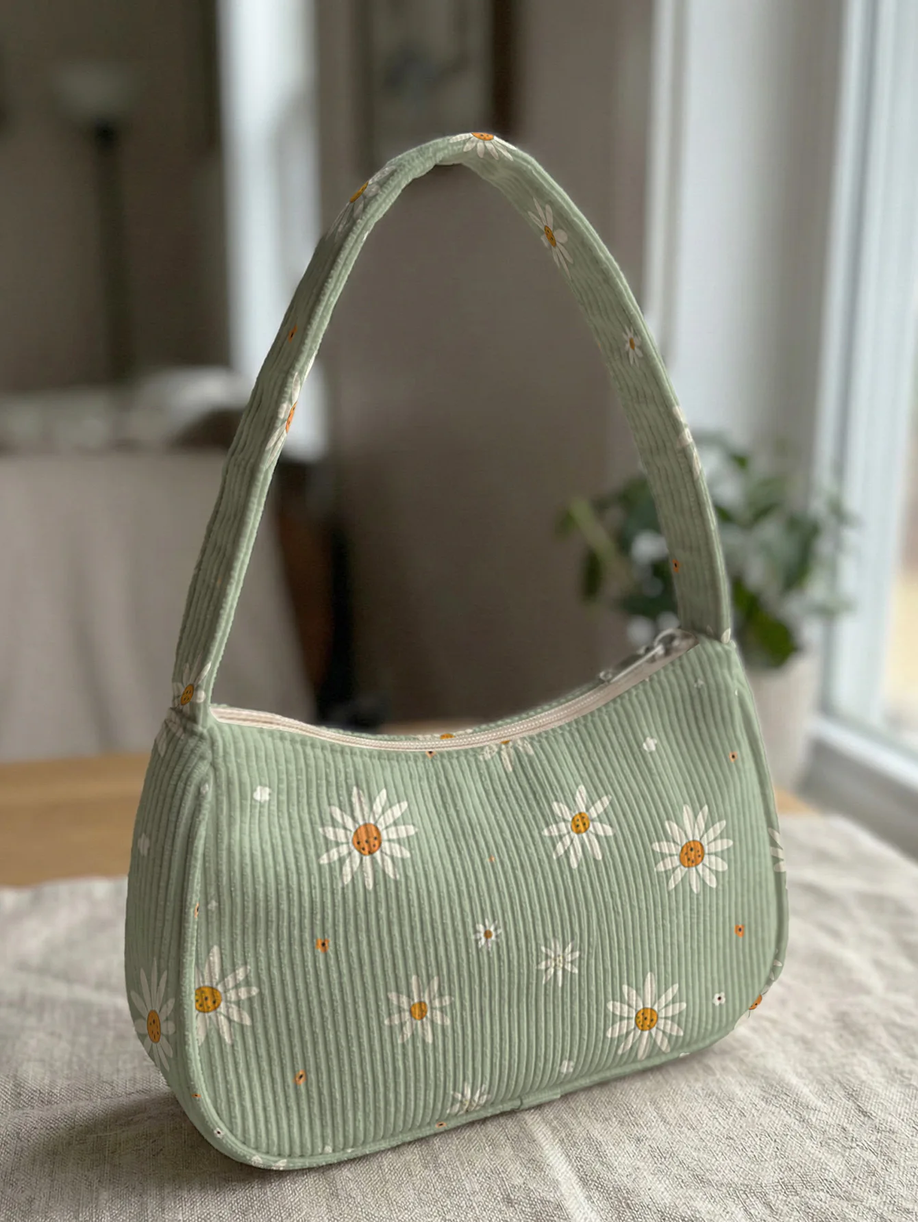 Trendy Daisy Print Shoulder Bag, Green Corduroy Underarm Bag for Daily Casual Use