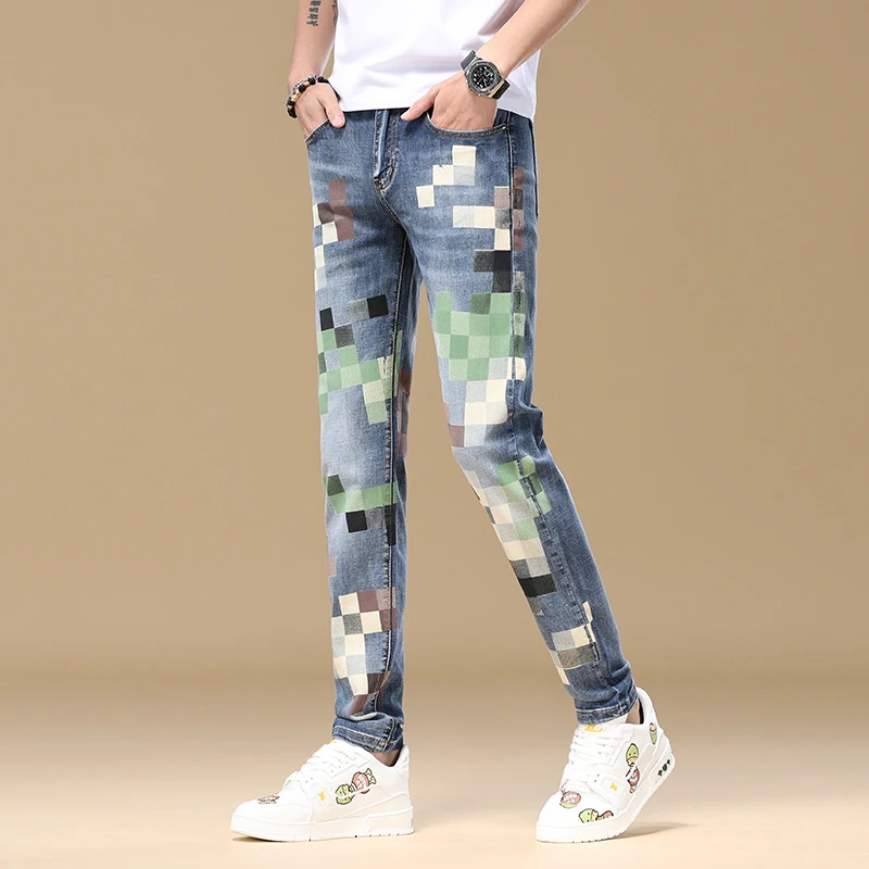 High-end summer jeans men's slim fit skinny street trend Korean style fashionable printed casual denim pants