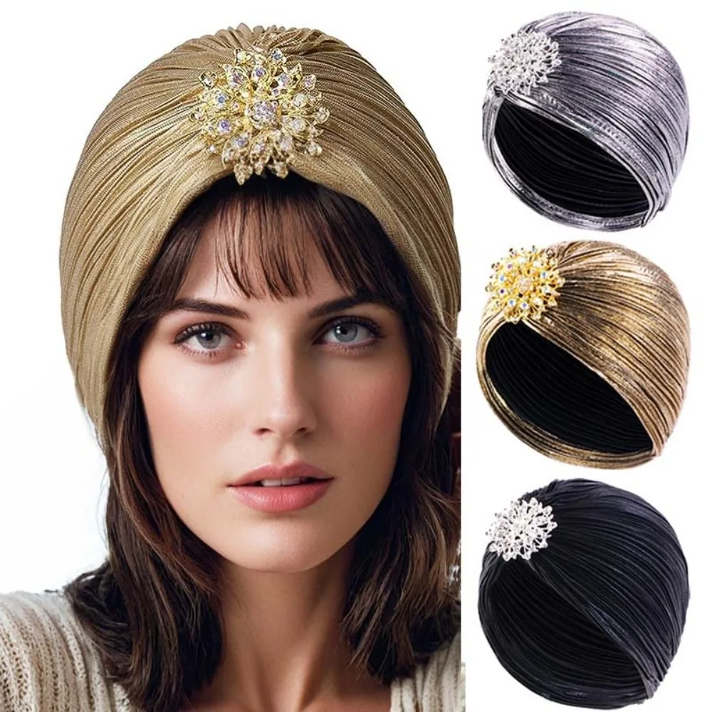 

Ethnic Style Pleated Women Turban Cap Bandana African Hat Luxury Indian Hat Head Wrap with Brooch Elastic Beanies Autumn Spring