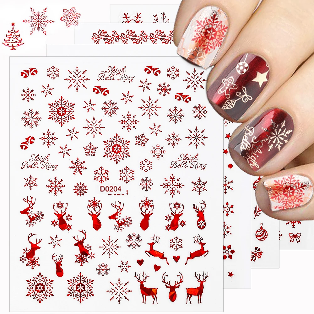 3D Gold Red Christmas Nail Art Sticker Metallic Elk Snowflake Penguin Nail Decals Winter Xmas New Year Decoration Slider Sticker