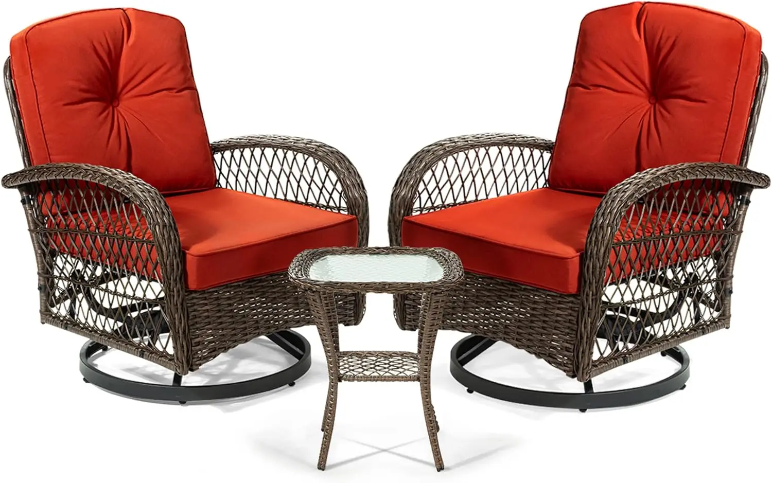 

3 Pieces Patio Furniture Set, Outdoor Swivel Glider Rocker, Wicker Patio Bistro Set with Rocking Chair, Cushions and Table (Red)