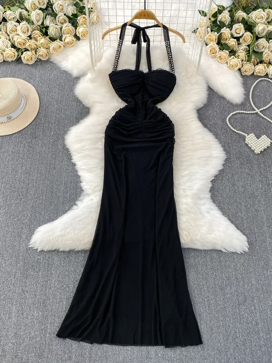 Foamlina Abito sexy con scollo a V e strass con cinturino alla caviglia Abito estivo da donna con ritaglio glamour in vita stretta a coda di pesce Abiti maxi eleganti