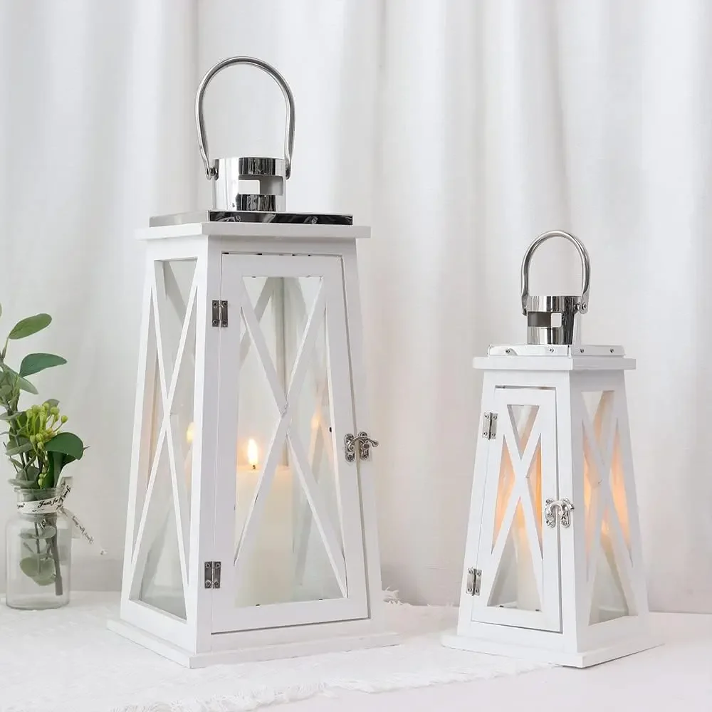 

Farmhouse Wood Candle Lantern Decorative Candle Holders with Tempered Glass Rustic Hanging Lantern for Indoor Outdoor