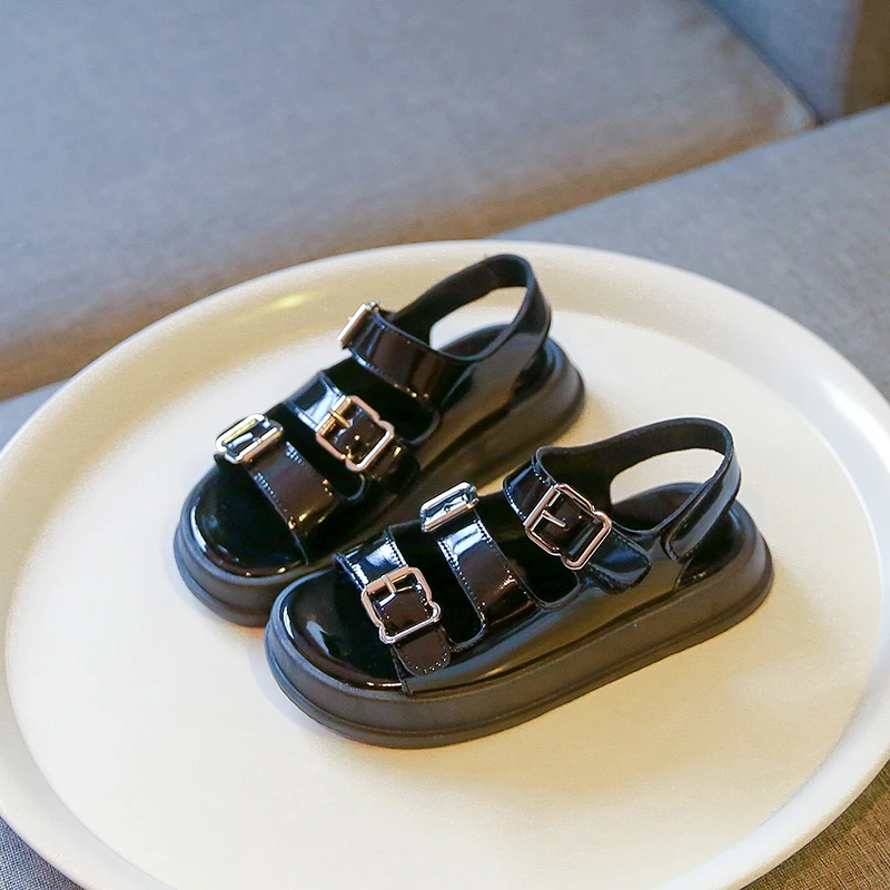 Children Patent Leather Black Sandals Toddler Boys Gilr Buckle Beach Shoes Kids Infant Open Toe Casual Sport Sandalias 6-12Y