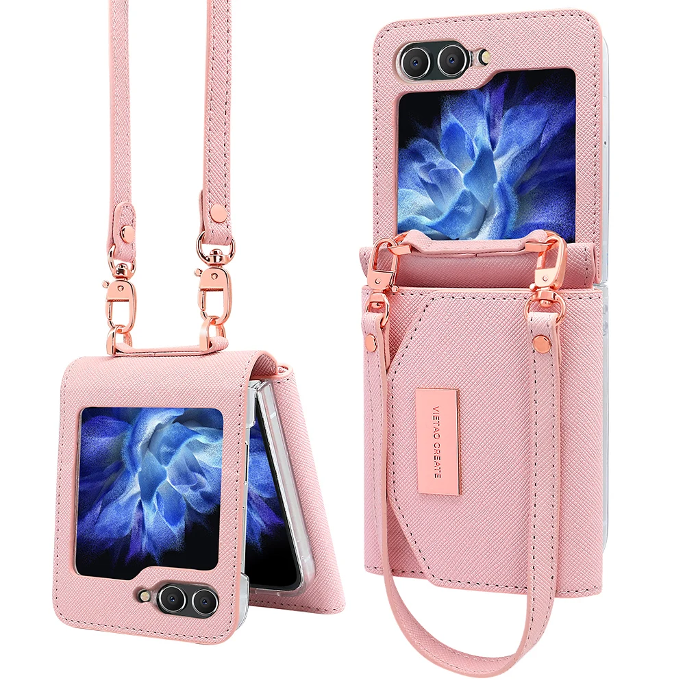 

Чехол-кошелек Vietao-Z Flip 7, чехол-кошелек с ремешком на запястье, модный кожаный чехол для телефона для девочек для Samsung Z Flip 6 5 4 3, розовый