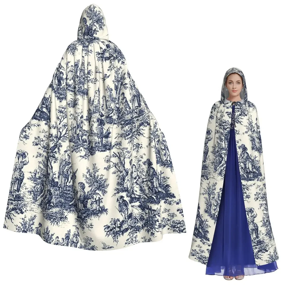 Custom Vintage Toile De Jouy Navy And White Long Hooded Cloak Witch Medieval Costume Cosplay HalloweenCoat Adult Unisex