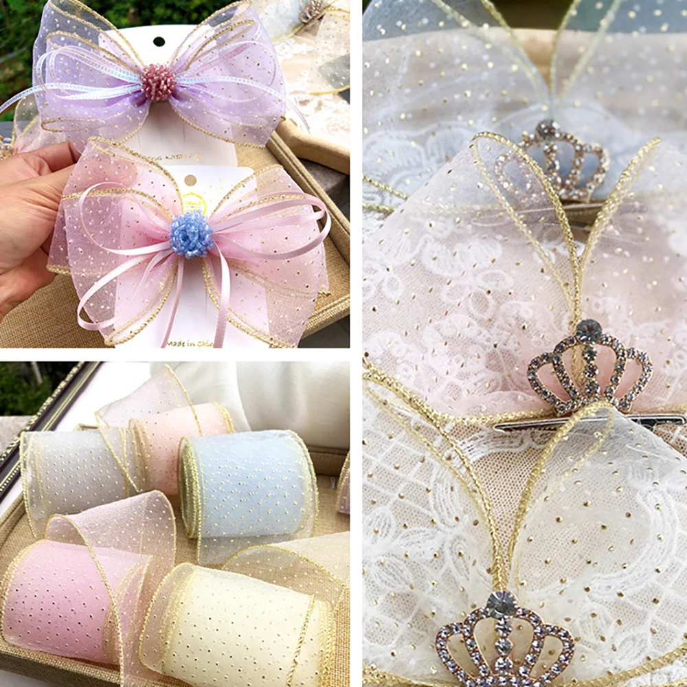 Chainho,Gauze Ribbon,Pure Color,With Golden Dot,DIY Handmade Bow Tie Materials,Gift Flower Packaging,Width 70mm,SD08