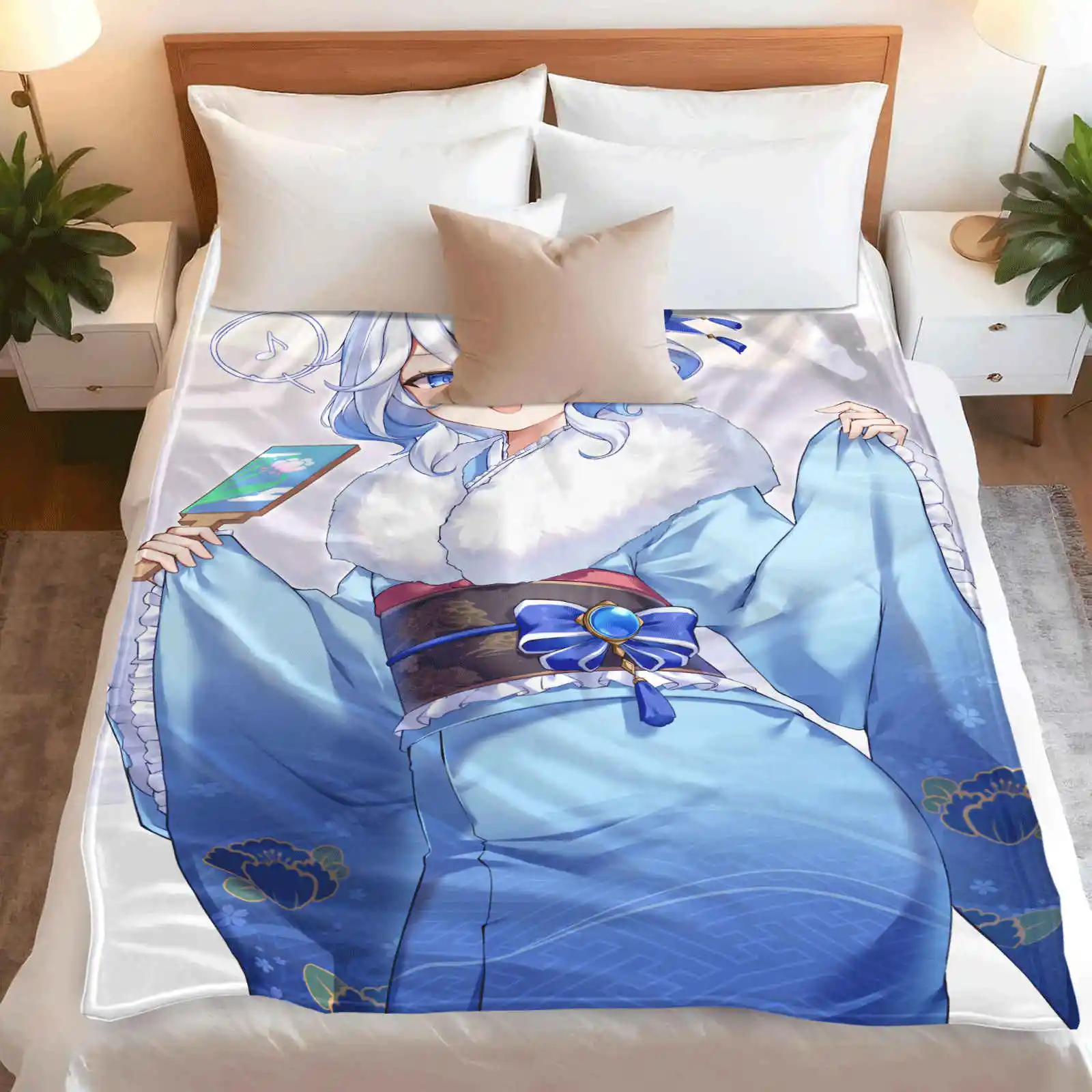 Genshin Impact Furina Anime Flannel Throw Blanket Thick AC Quilt for Gaming Chair Ideal Geek