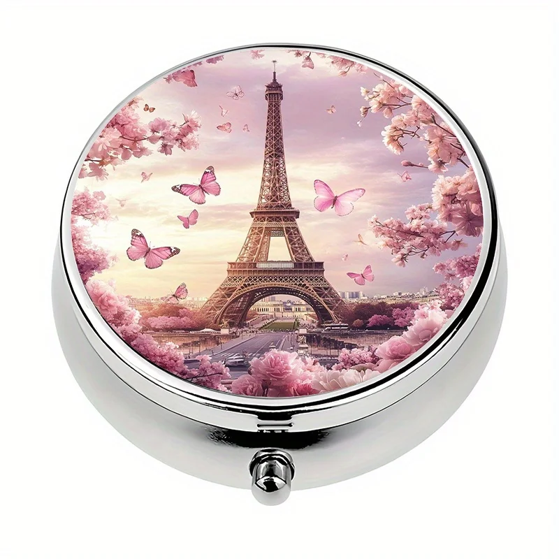 1-piece pill box, 3 compartments with a Paris Eiffel Tower theme, mini pill box, medication storage box, very suitable for travel and storing vitamins