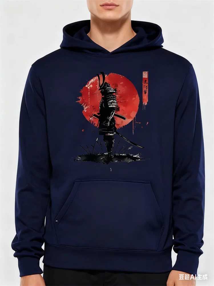 

Men's Hoodies Fashion Casual Loose Japanese Samurai Pattern Print Long Sleeve Sweatshirts Tops Autumn Winter Daily Men Clothing