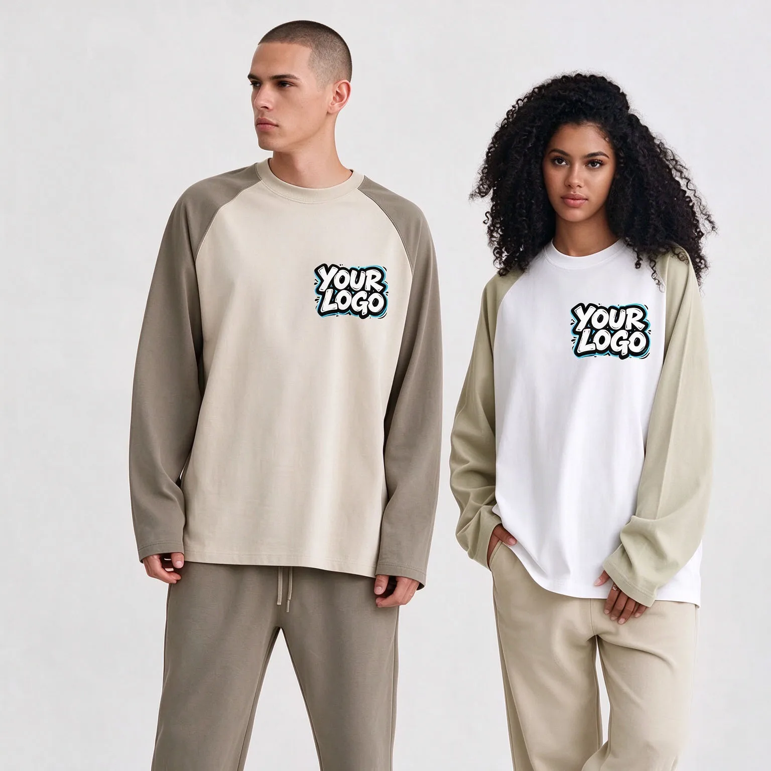 Custom Print Logo Autumn 100% Combed Cotton Unisex Long Sleeve Tee, Raglan Color Block Design, Loose Crew Neck Casual T-shirt
