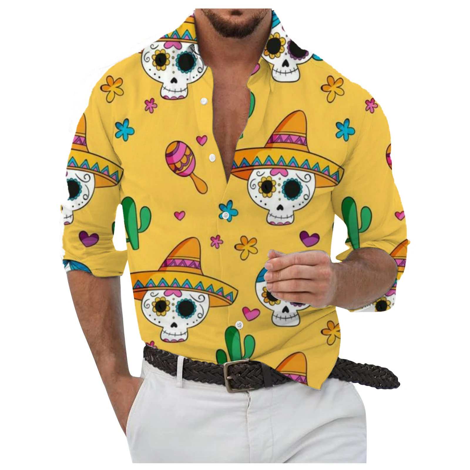 Camisa de manga larga con gráficos de calavera de azúcar de México para hombre, Tops transpirables, camisa de manga larga con patrón temático de halloween, cuello vuelto