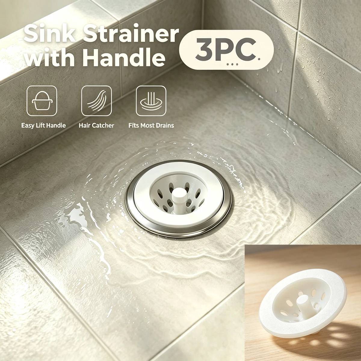 3-Pack Sink Strainers with Handles, Bathroom Sink Hair Catcher Drain Core, Kitchen Sink Anti-Clogging Filter Plug