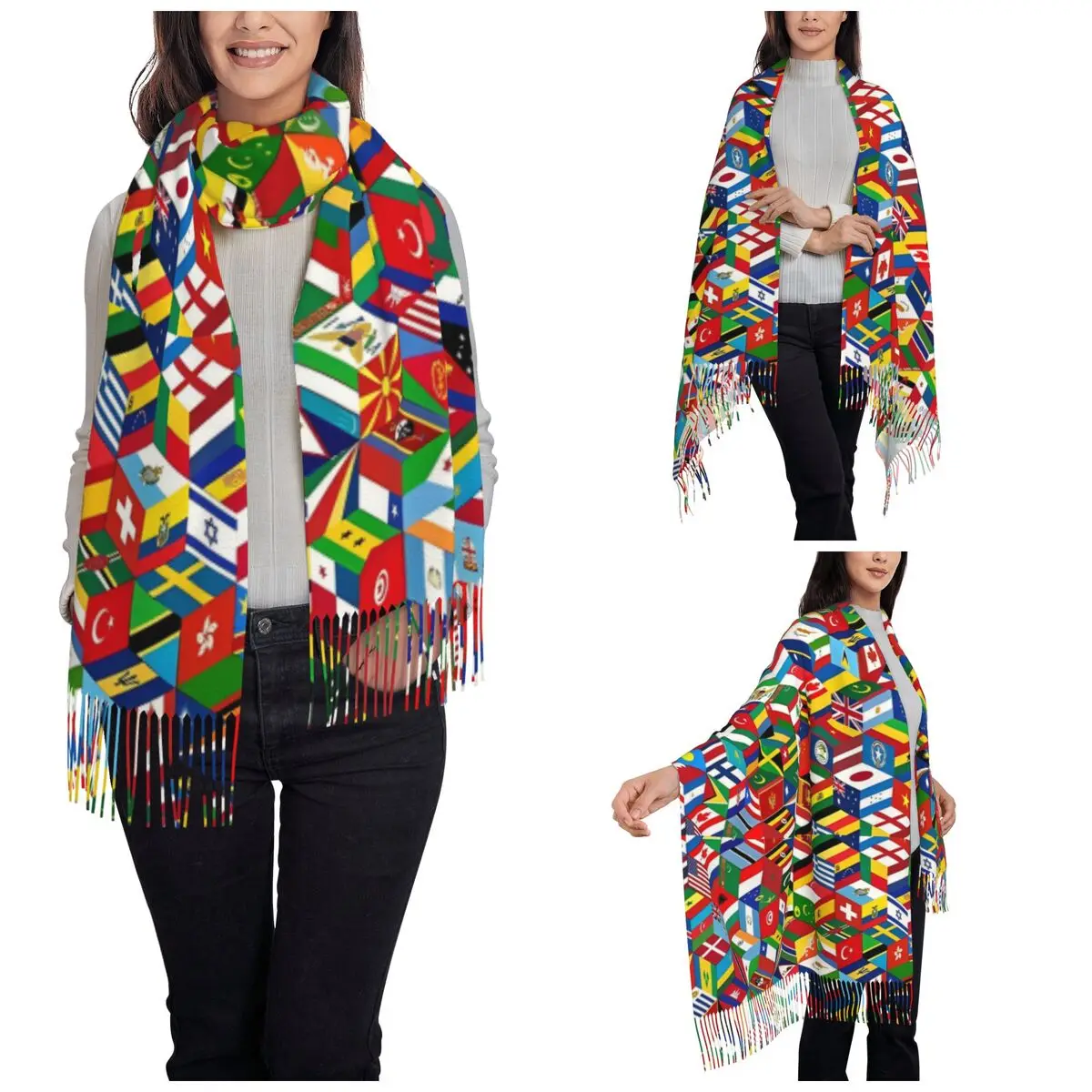 Countries Flag Scarf for Women Winter Fall Pashmina Shawls and Wrap Long Large Scarves with Tassel for Daily Wear