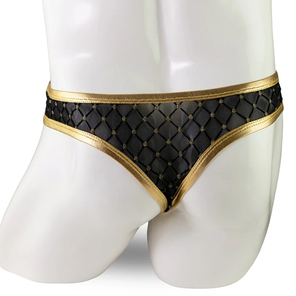 Fashion Grid Pattern Mens Underwear Briefs Mesh See Through Low Waist G-String Thongs Panties Pouch Jockstrap