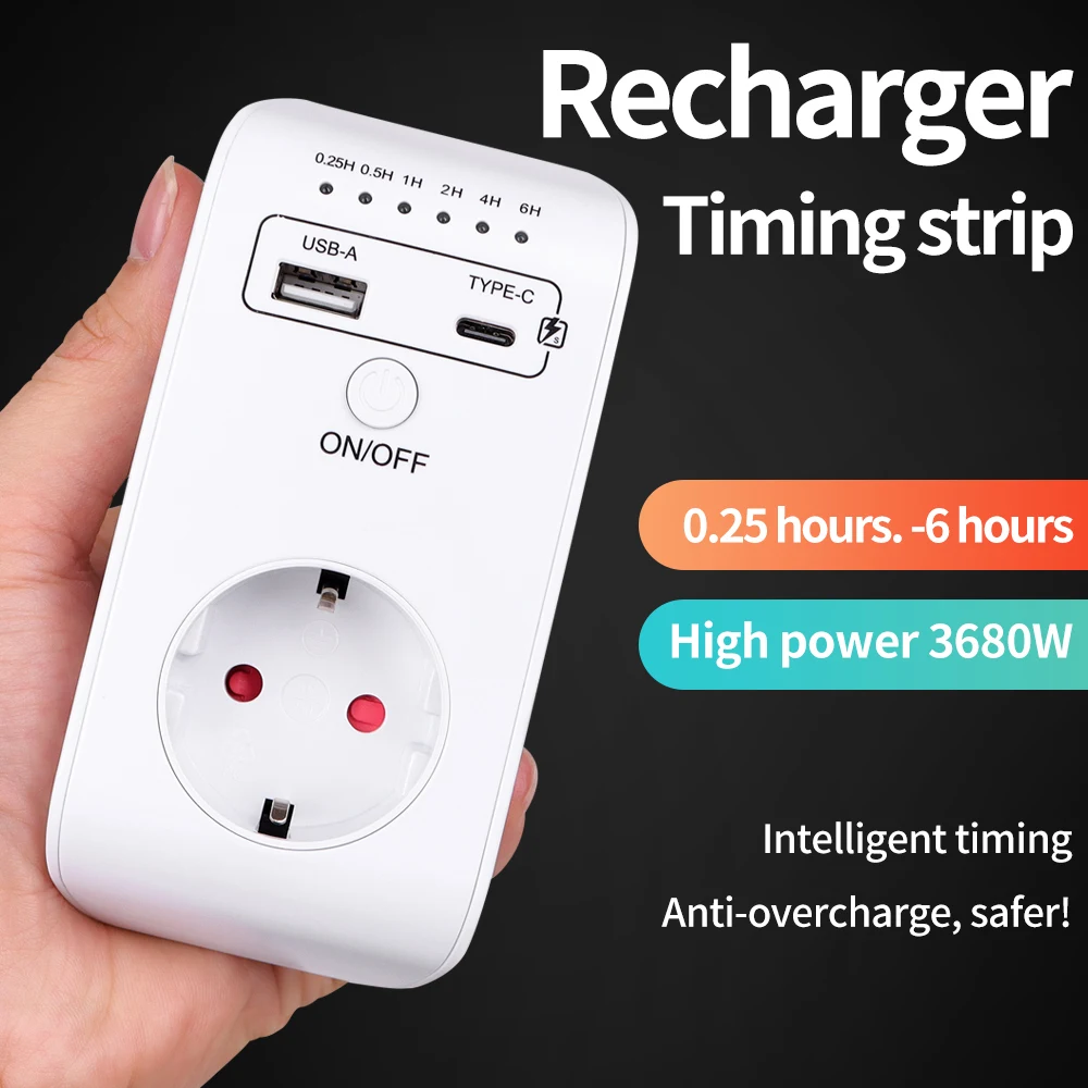 Digital Timer Socket 6 Hour Electronic Countdown Timing Switch EU Plug Kitchen Appliance Time Control USB Type-C Interface