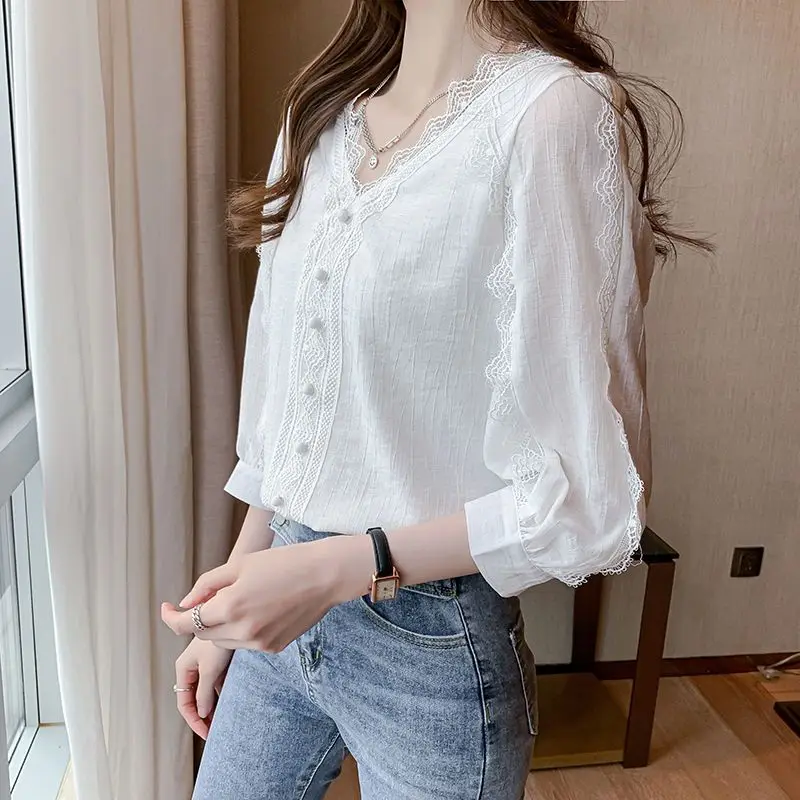 Women Summer Lace Patchwork Elegant Chic White Blouse Korean Fashion V Neck 3/4 Sleeve Casual Shirts Female Chiffon Tops Blusas