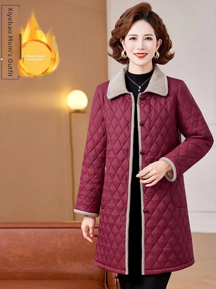 

Теплая хлопковая куртка с флисовой подкладкой, ромбовидным узором и отложным воротником, средней длины, осенняя верхняя одежда для мам среднего возраста и женщин.