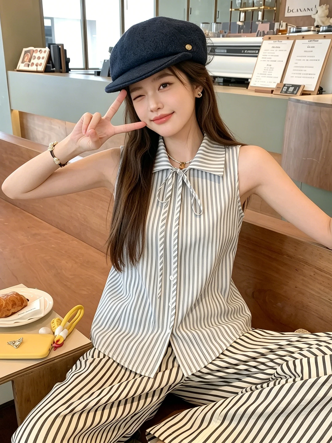 Elegant Stripe  Knot Shirt Sleeveless Slimming Vest Design Korean Style Commute Wind Regular Thickness Short Sleeve ...