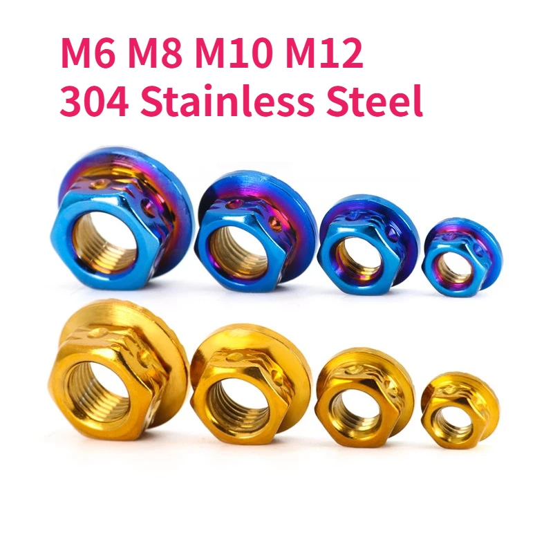 1pcs M6 M8 M10 M12 304 Stainless Steel Burn Titanium Gloden Colour Flange Hex Nuts for Bicycle Motorcycle Car