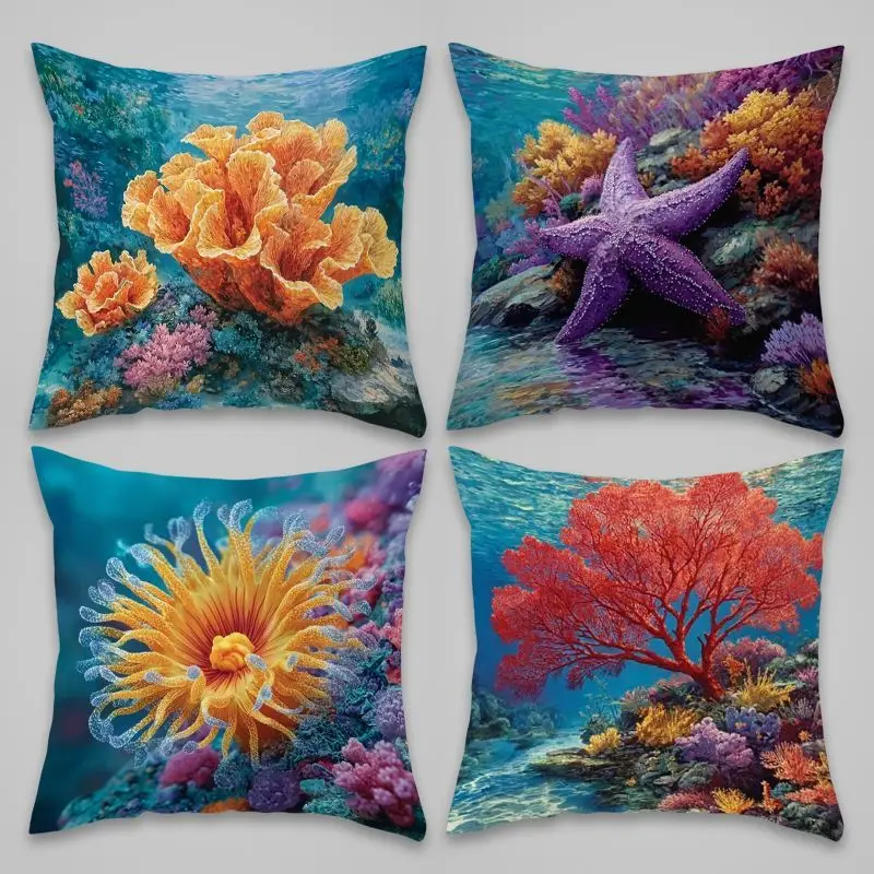 Vibrant Ocean Coral Starfish Pillowcases Quad Set Nautical Beach Throw Cushion Cover 45x45cm Decor 4pcs