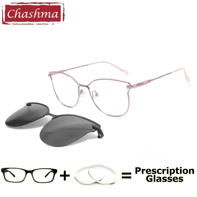 Chashma Women Cat Eye Fashion Clip On Sun Protection Prescription Ready Eyeglasses Stainless Steel Glasses Female Spectacles