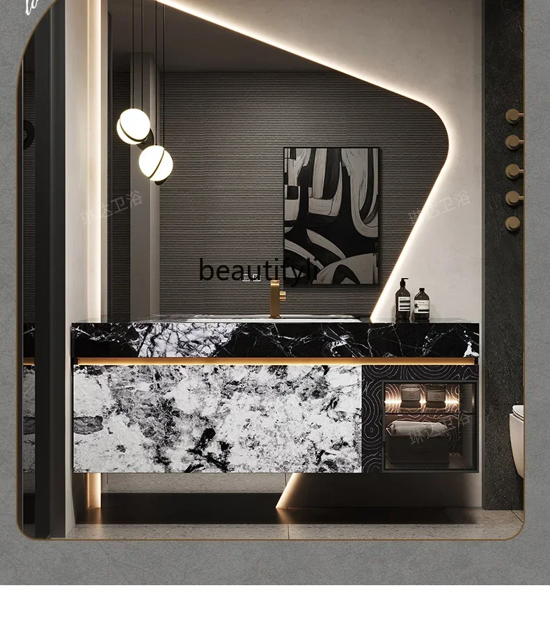 

Italian light luxury bathroom cabinet combination solid wood luxury stone seamless ceramic basin washbasin