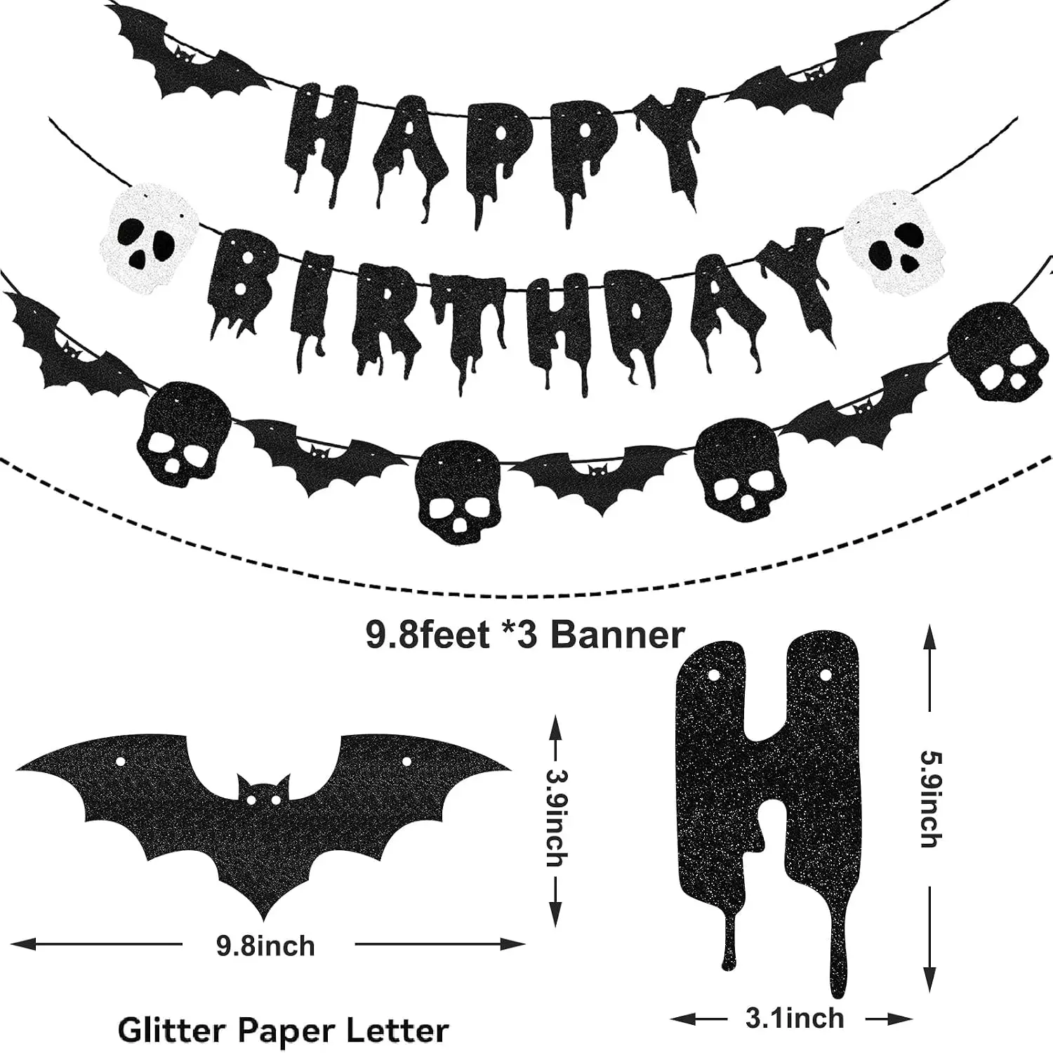 Schwarzes Glitzerndes Happy Birthday Halloween-Banner mit Fledermäusen und Totenköpfen, 3D-Fledermaus-Aufkleber für Horror-Geburtstagsfeier-Dekorationen, Gruselige Party-Deko – Detail 3