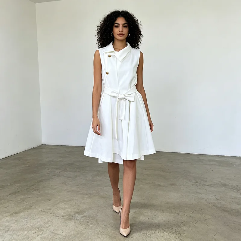 

Retro Shirt Dress Lapel Collar Sleeveless Single-breasted A-Line Midi Dresses Party Gown Lady Simple Casual Summer Dress Up