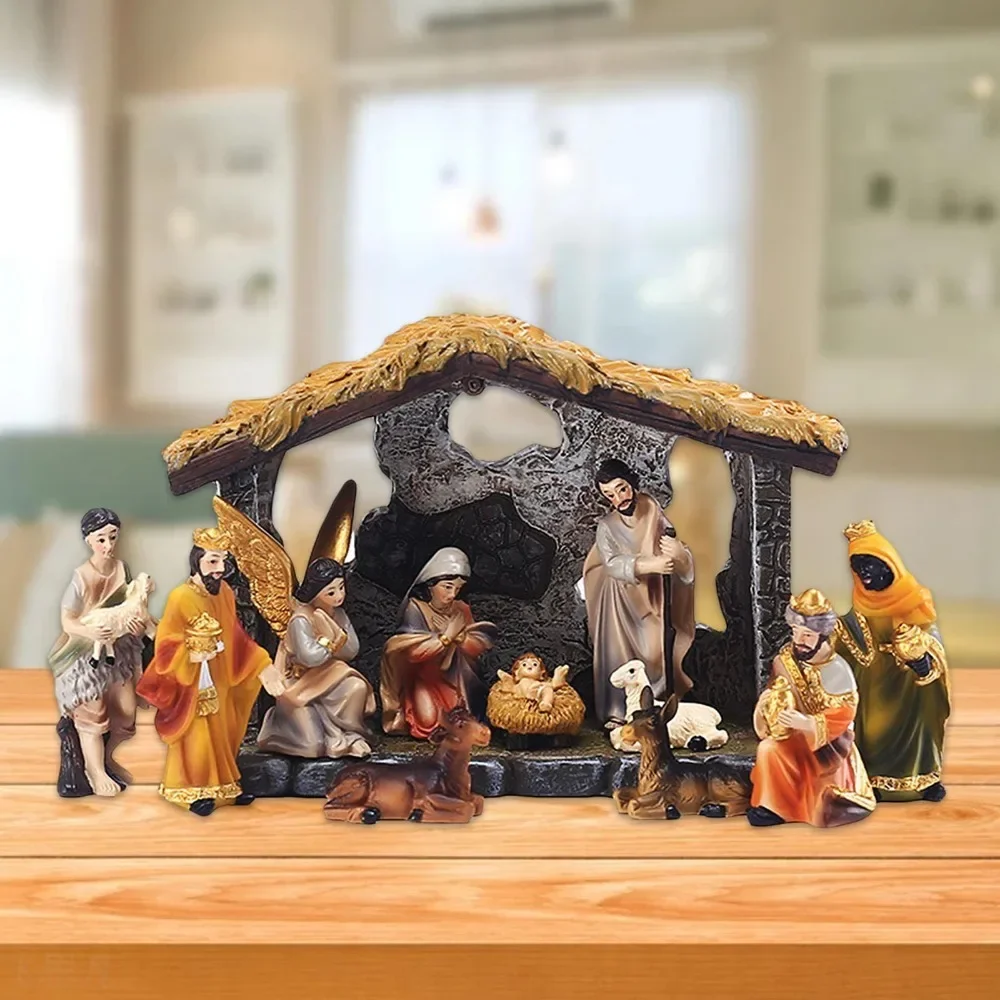 2024 New Resin Handpainted Nativity Figurine Nativity Scene Statue Set Religious Worship Home Decor