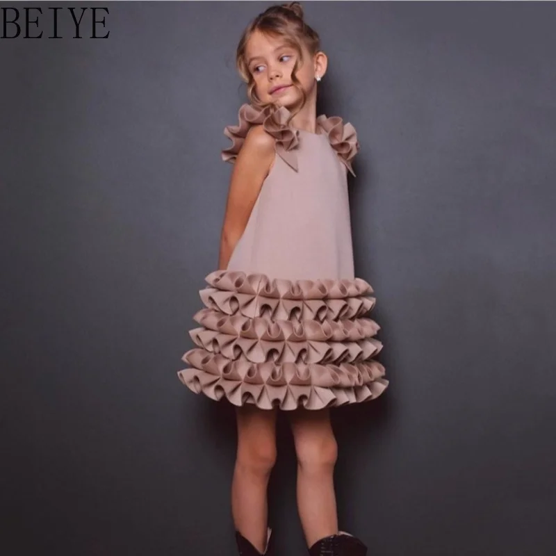 

Handmade Origami Ruffle Hem Girls Dress Solid Khaki Sleeveless Kids Dress Birthday Wedding Flower Girl Princess Party Gown