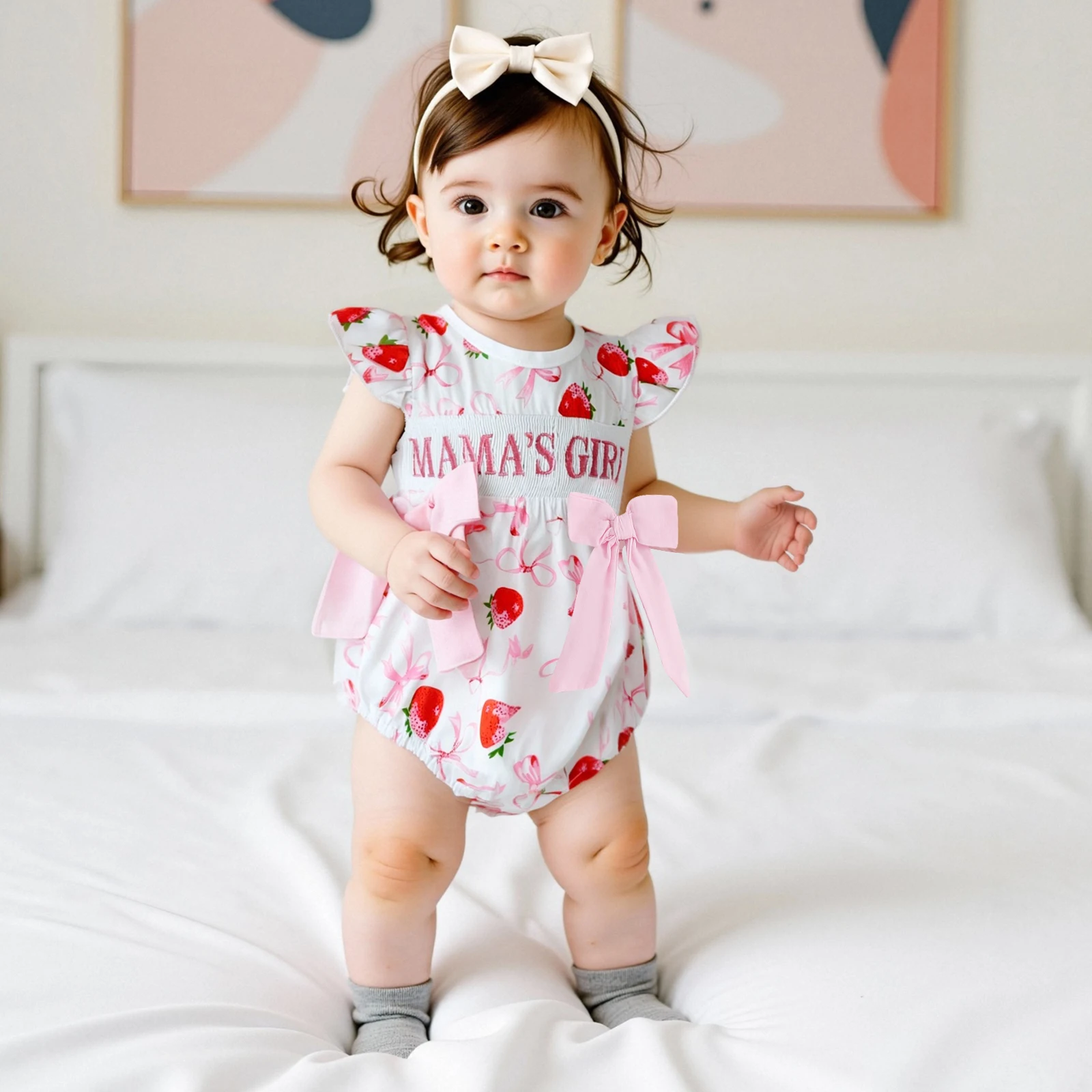 

Summer Infant Baby Clothing Girl Romper Short Sleeve Bows Strawberry Print Letter Embroidery Jumpsuit Newborn Clothes