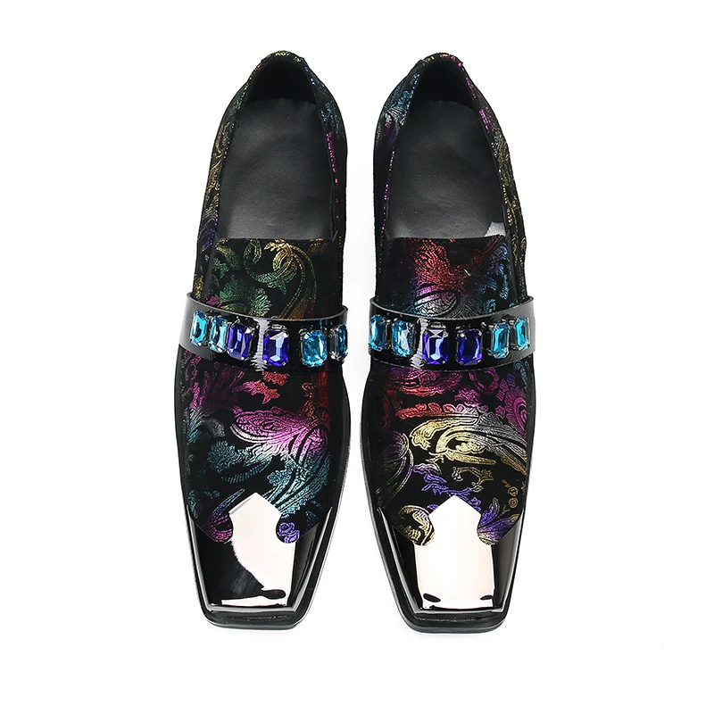 Spring Men's Wedding Crystal Shoes Business Banquet Increase Oxford Casual leather Shoes Metal Square head Model Show Shoes
